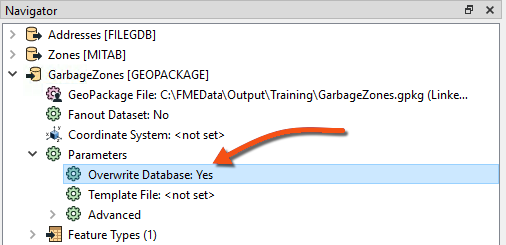 Enabling the Overwrite Database parameter for the Geopackage writer